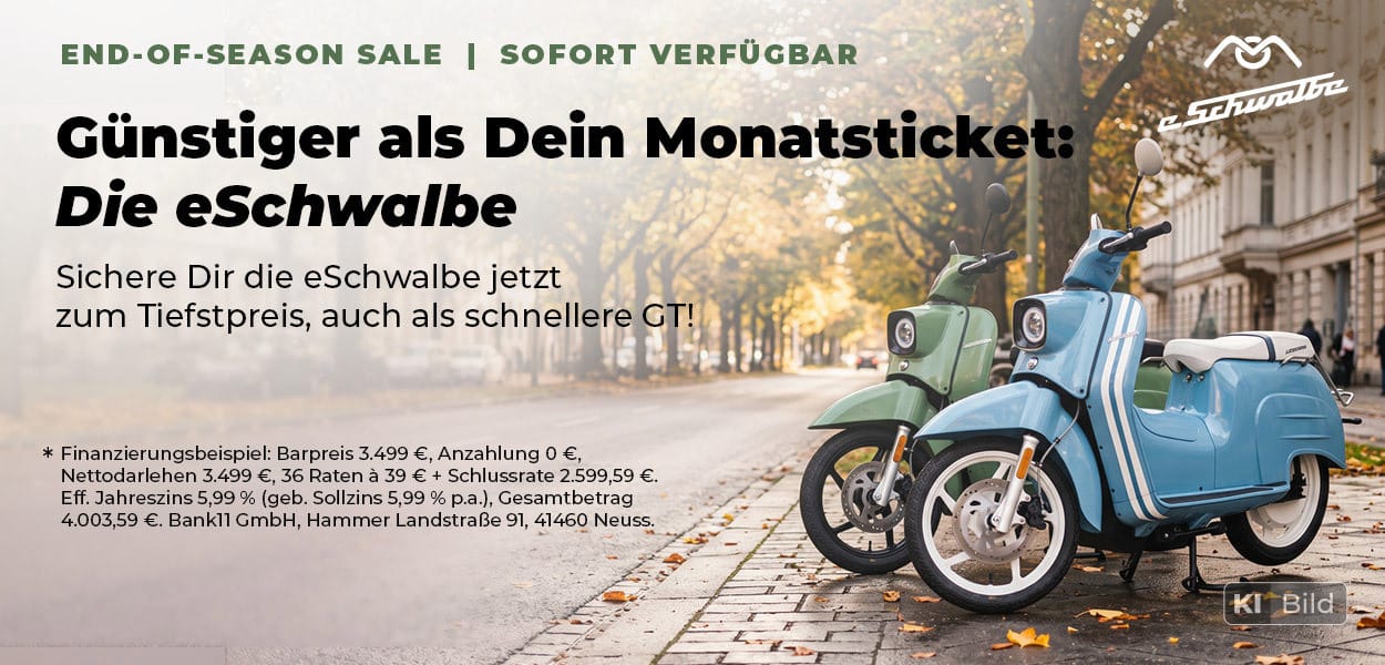 eSchwalbe End-of-Season Sale: Zwei eSchwalben in Blau und Grün zum Tiefstpreis, sofort verfügbar und ab 39 € monatlich finanzierbar.