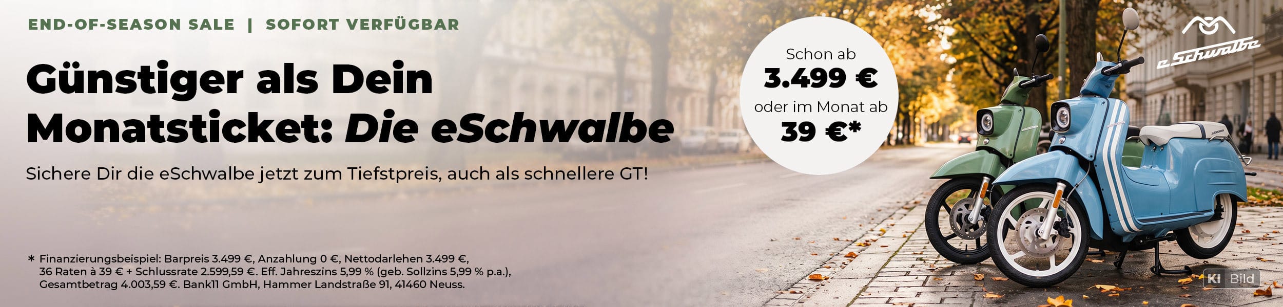 eSchwalbe End-of-Season Sale: Blaue und grüne eSchwalbe sofort verfügbar, ab 3.499 € oder mit Finanzierung ab 39 € monatlich.