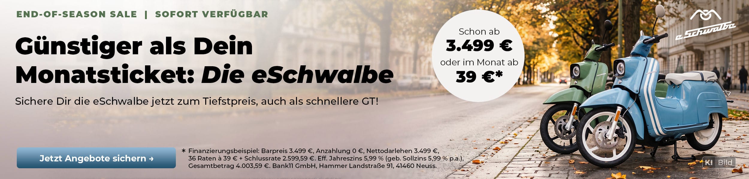 eSchwalbe End-of-Season Sale: Blaue und grüne eSchwalbe zum Tiefstpreis. Jetzt Angebote sichern und sofort verfügbar fahren.