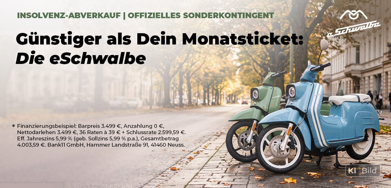 Insolvenz-Abverkauf bei Rollerhaus König: Blaue und grüne eSchwalbe zum Sonderpreis. Günstiger als Dein Monatsticket!