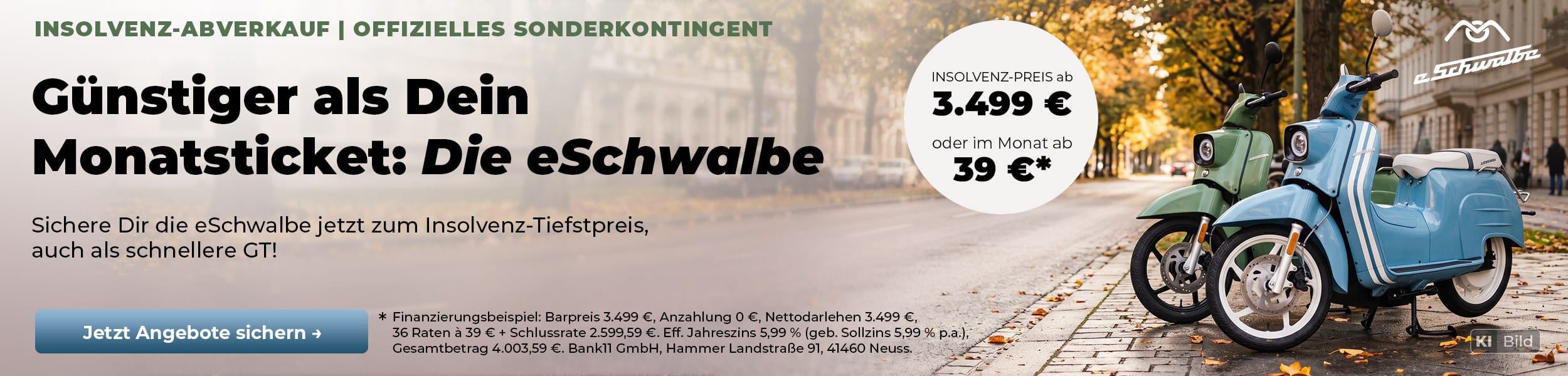eSchwalbe Insolvenz-Abverkauf: Zwei eSchwalben in Blau und Grün zum Insolvenz-Tiefstpreis. Auch als schnellere GT erhältlich!