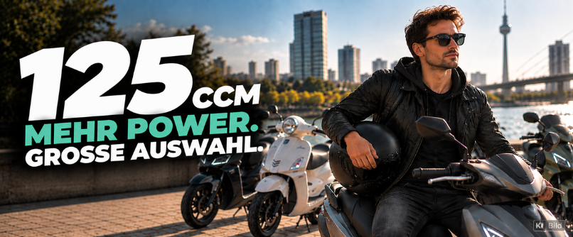 Mann mit Sonnenbrille sitzt auf einem Motorroller vor weiteren Rollern und einer städtischen Skyline. Text: «125 CCM – Mehr Power. Grosse Auswahl.»