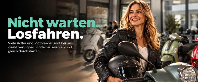 Lächelnde Frau in schwarzer Lederjacke bei einem Motorroller in einem Verkaufsraum mit weiteren Rollern. Text: «Nicht warten. Losfahren. Viele Roller und Motorräder sind bei uns direkt verfügbar. Modell auswählen und gleich durchstarten!»